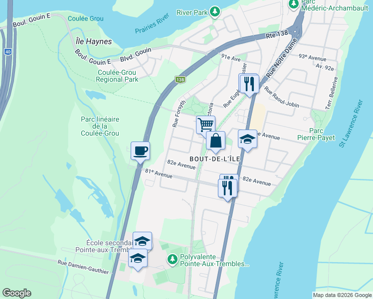 map of restaurants, bars, coffee shops, grocery stores, and more near 15641 Rue Eugène-Payette in Montréal