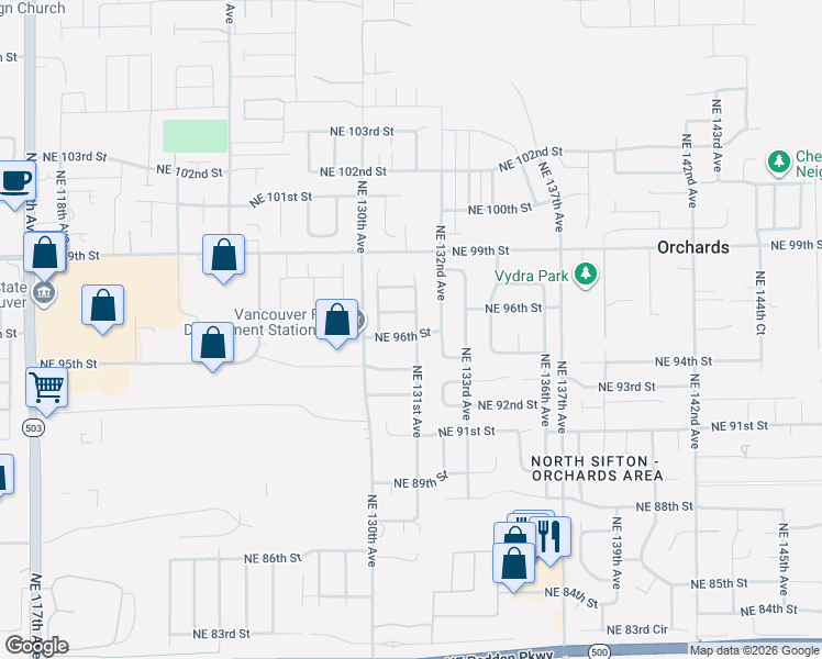 map of restaurants, bars, coffee shops, grocery stores, and more near 13020 Northeast 96th Street in Vancouver