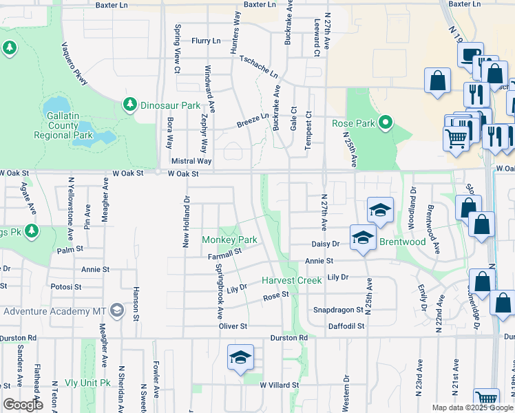 map of restaurants, bars, coffee shops, grocery stores, and more near 1122 Hunters Way in Bozeman