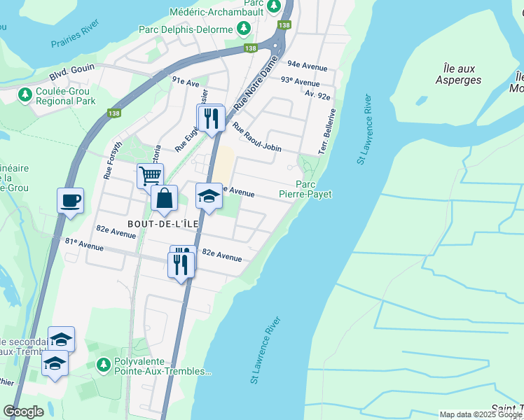map of restaurants, bars, coffee shops, grocery stores, and more near 45 Rue Jacques Archambault in Montreal