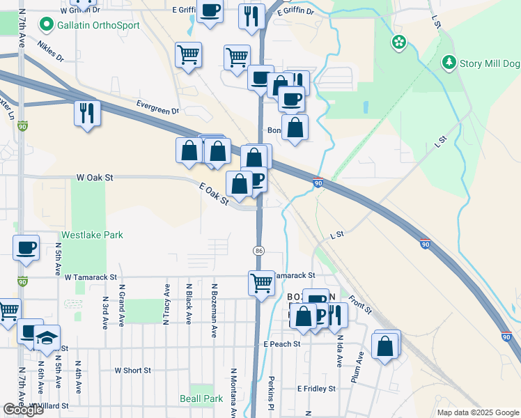 map of restaurants, bars, coffee shops, grocery stores, and more near 1192 North Rouse Avenue in Bozeman
