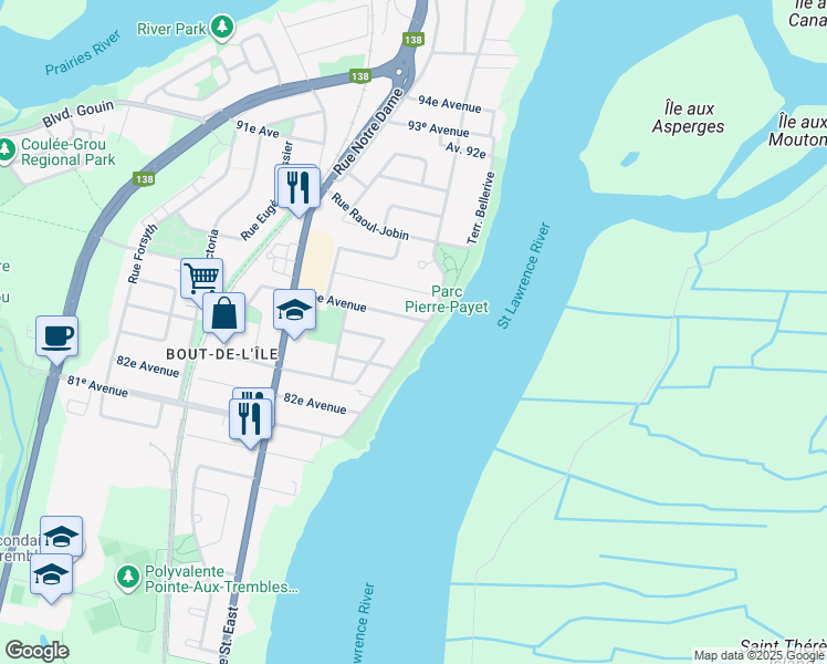 map of restaurants, bars, coffee shops, grocery stores, and more near 15783 Rue Bellerive in Montréal