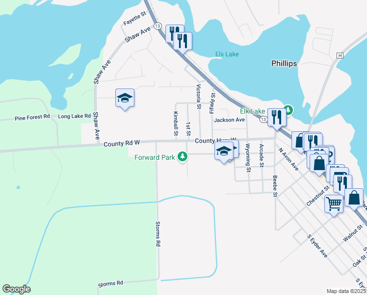 map of restaurants, bars, coffee shops, grocery stores, and more near 765 Flambeau Avenue in Phillips