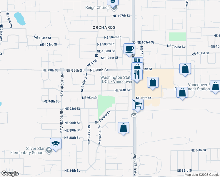 map of restaurants, bars, coffee shops, grocery stores, and more near 11404 Northeast 96th Street in Vancouver