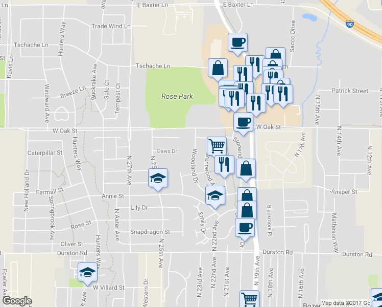 map of restaurants, bars, coffee shops, grocery stores, and more near 1123 Woodland Drive in Bozeman