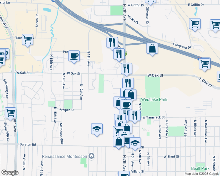 map of restaurants, bars, coffee shops, grocery stores, and more near 1125 North 8th Avenue in Bozeman