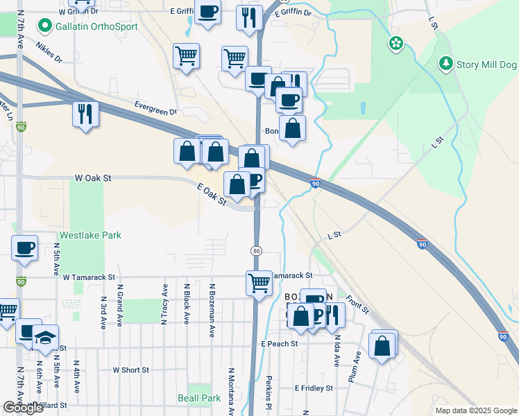 map of restaurants, bars, coffee shops, grocery stores, and more near North Rouse Avenue in Bozeman