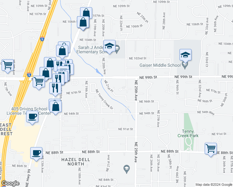map of restaurants, bars, coffee shops, grocery stores, and more near 9603 Northeast 21st Place in Vancouver