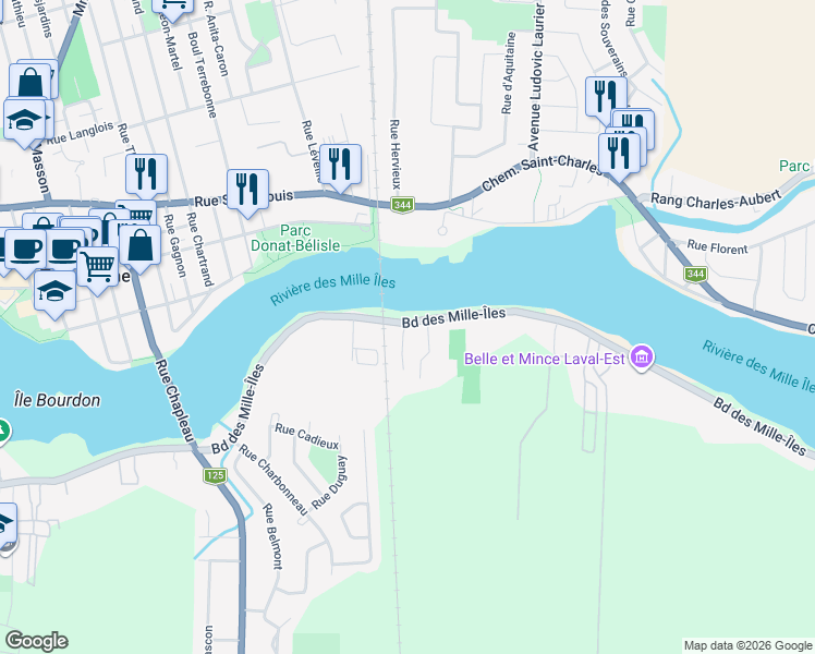 map of restaurants, bars, coffee shops, grocery stores, and more near 6980 Boulevard des Mille-Îles in Laval