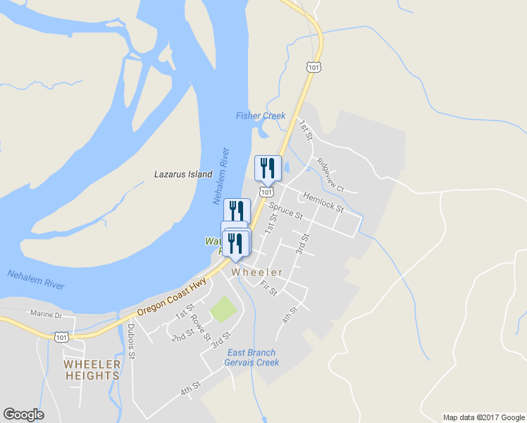 map of restaurants, bars, coffee shops, grocery stores, and more near 175 Nehalem Boulevard in Wheeler