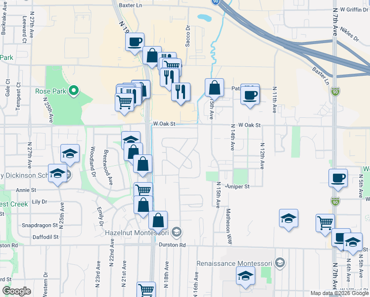 map of restaurants, bars, coffee shops, grocery stores, and more near Wagon Train Trail in Bozeman