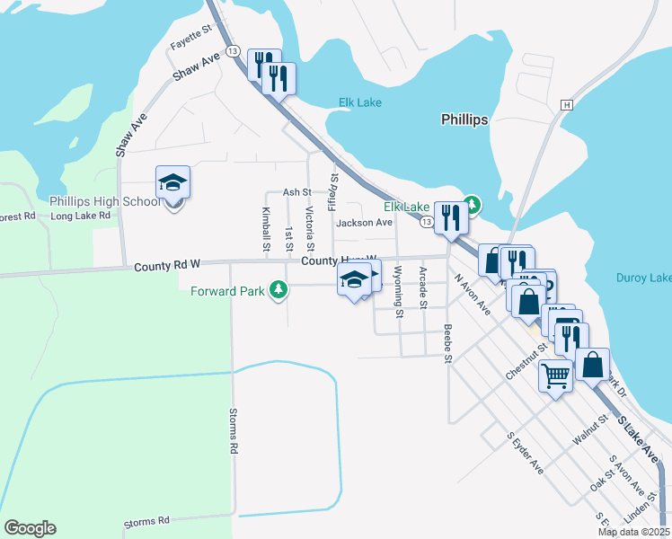 map of restaurants, bars, coffee shops, grocery stores, and more near 300 Ashland Street in Phillips