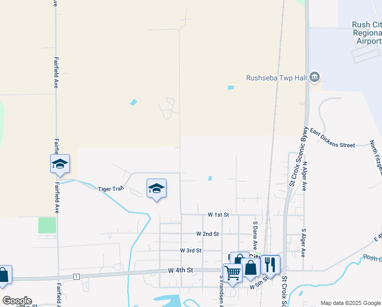 map of restaurants, bars, coffee shops, grocery stores, and more near 51229 Game Avenue in Rush City