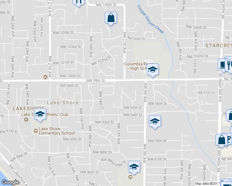 map of restaurants, bars, coffee shops, grocery stores, and more near 9703 Northwest 12th Avenue in Vancouver