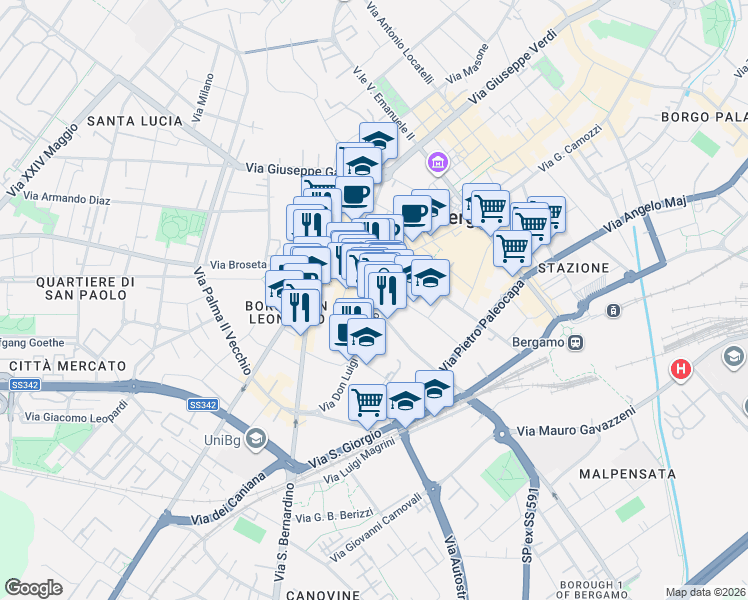 map of restaurants, bars, coffee shops, grocery stores, and more near 13 Via Giacomo Quarenghi in Bergamo