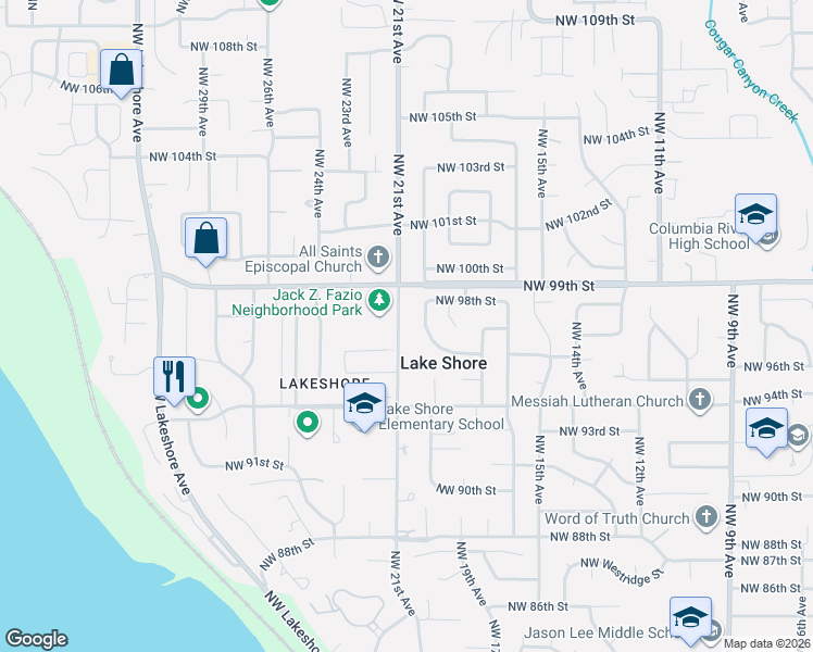 map of restaurants, bars, coffee shops, grocery stores, and more near 9705 Northwest 21st Avenue in Vancouver