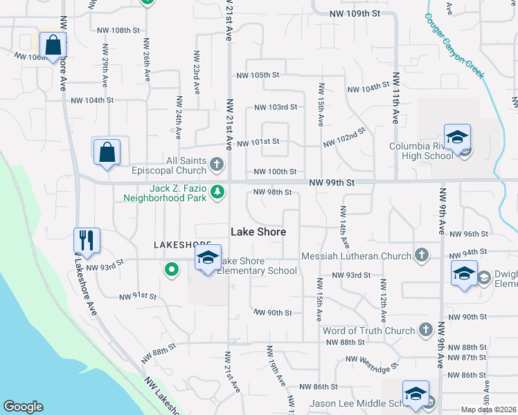 map of restaurants, bars, coffee shops, grocery stores, and more near 9706 Northwest 19th Avenue in Vancouver