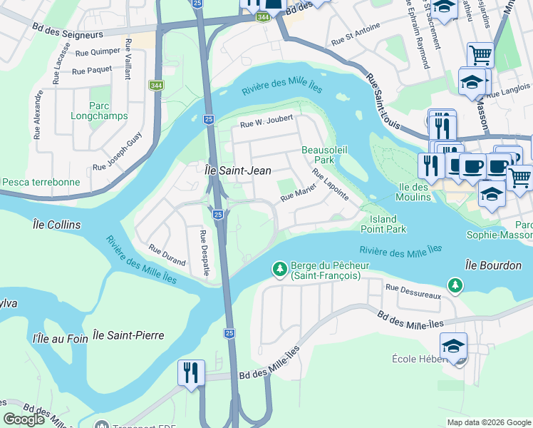 map of restaurants, bars, coffee shops, grocery stores, and more near 100 Boulevard J. S. Archambault in Terrebonne