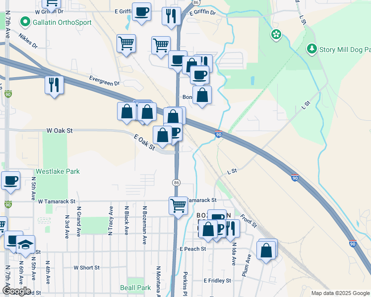 map of restaurants, bars, coffee shops, grocery stores, and more near 415 East Birch Street in Bozeman