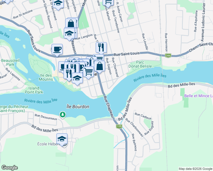 map of restaurants, bars, coffee shops, grocery stores, and more near 64 Rue Louis Lepage in Terrebonne