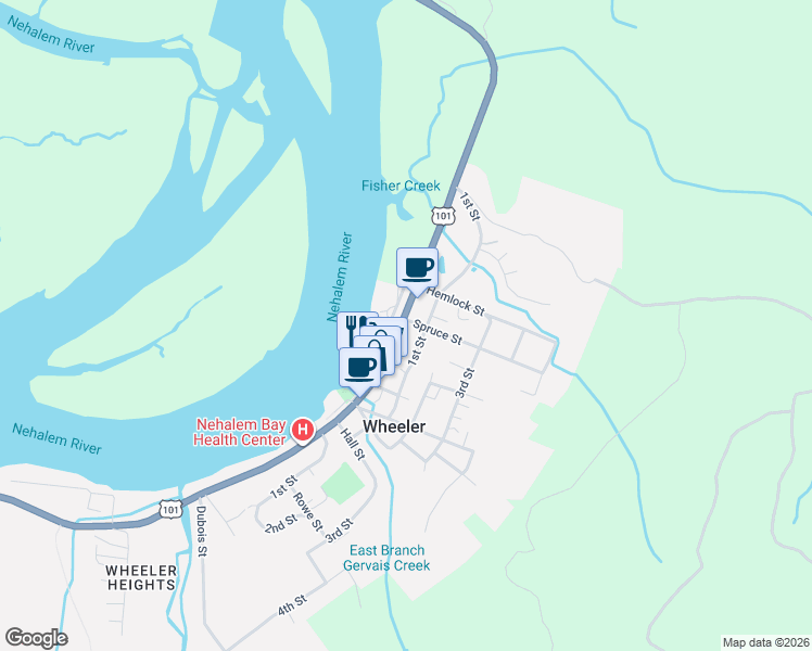 map of restaurants, bars, coffee shops, grocery stores, and more near Highway 101 in Nehalem