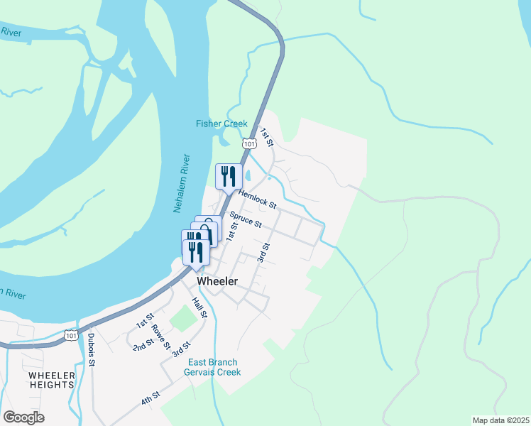 map of restaurants, bars, coffee shops, grocery stores, and more near 239 Spruce Street in Wheeler
