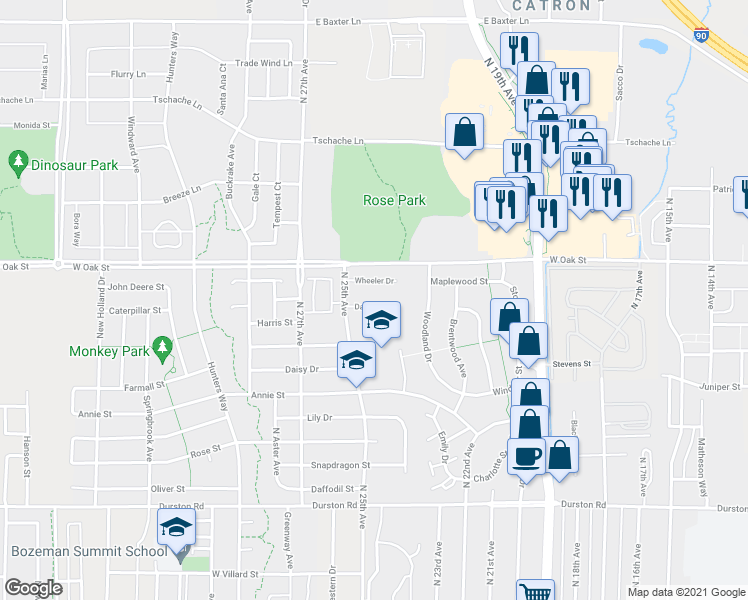 map of restaurants, bars, coffee shops, grocery stores, and more near 2440 Daws Drive in Bozeman