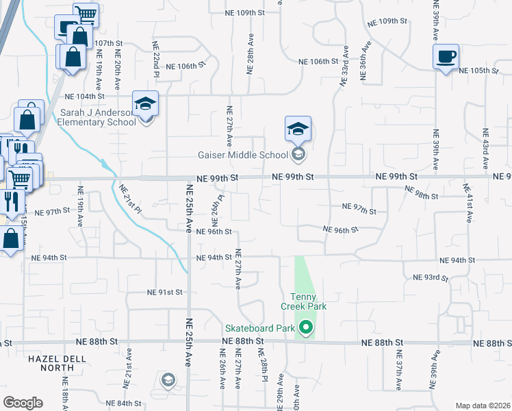 map of restaurants, bars, coffee shops, grocery stores, and more near 2807 Northeast 96th Way in Vancouver