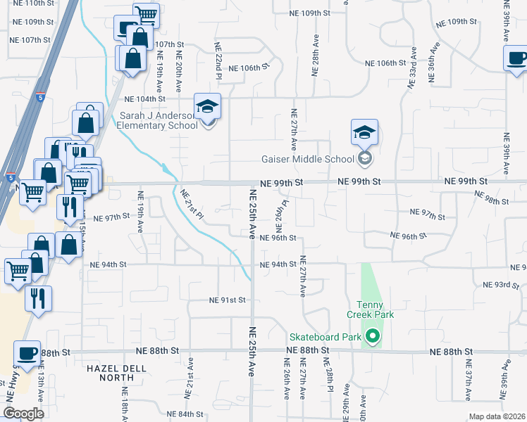 map of restaurants, bars, coffee shops, grocery stores, and more near 9607 Northeast 25th Avenue in Vancouver
