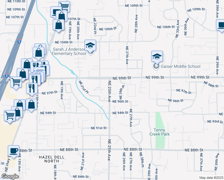 map of restaurants, bars, coffee shops, grocery stores, and more near 9607 Northeast 25th Avenue in Vancouver