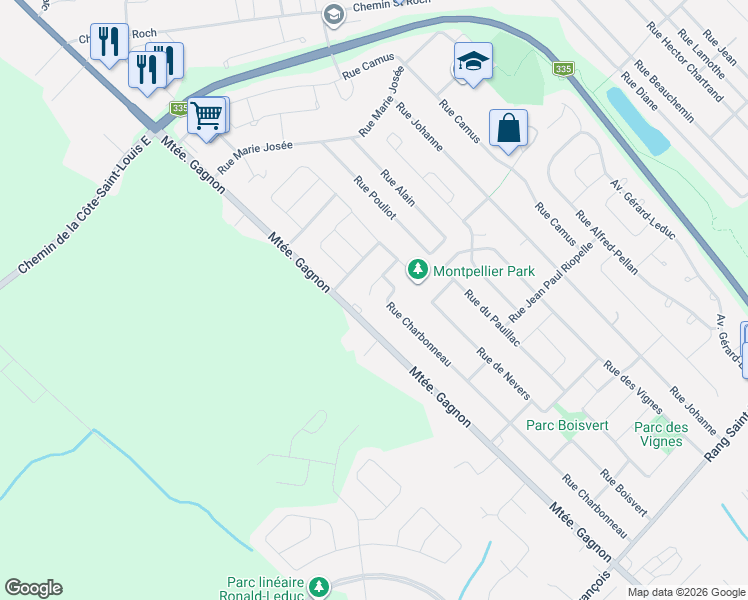 map of restaurants, bars, coffee shops, grocery stores, and more near 116 Rue d' Anjou in Terrebonne
