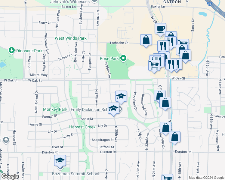 map of restaurants, bars, coffee shops, grocery stores, and more near 2491 Daws Drive in Bozeman