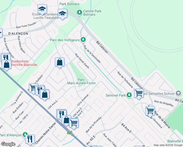 map of restaurants, bars, coffee shops, grocery stores, and more near 51 Rue Sarah Garth in Blainville