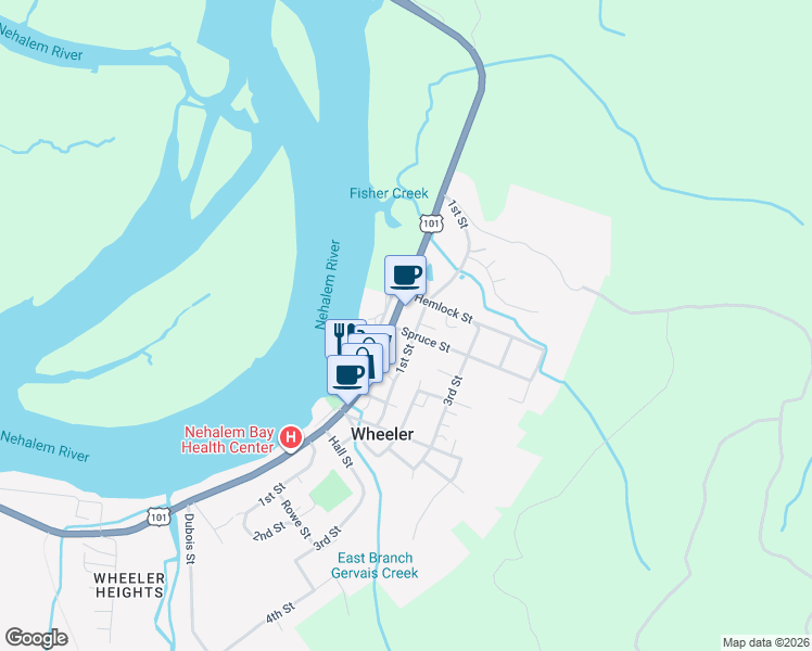 map of restaurants, bars, coffee shops, grocery stores, and more near 67 Spruce Street in Wheeler