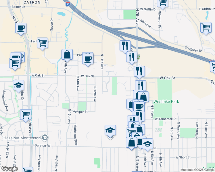map of restaurants, bars, coffee shops, grocery stores, and more near 1062 West Oak Street in Bozeman