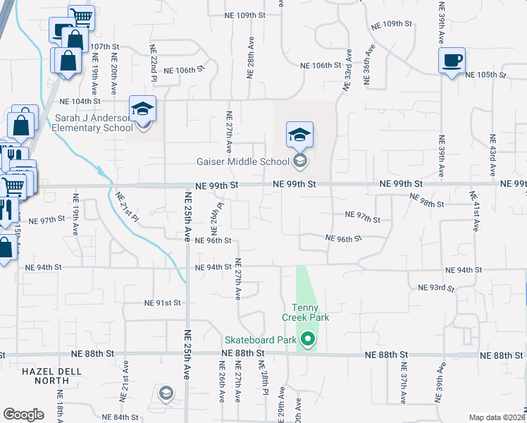 map of restaurants, bars, coffee shops, grocery stores, and more near 2805 Northeast 97th Way in Vancouver