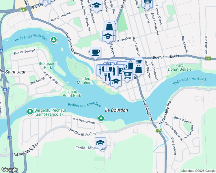 map of restaurants, bars, coffee shops, grocery stores, and more near 866 Rue Saint Pierre in Terrebonne