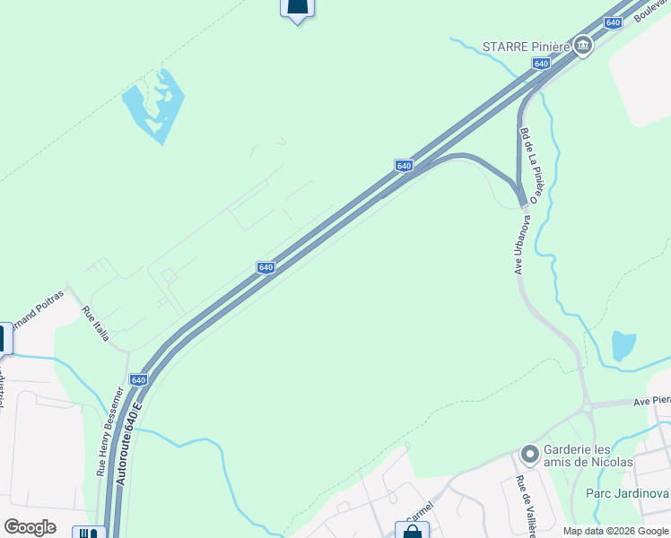map of restaurants, bars, coffee shops, grocery stores, and more near Boulevard de la Pinière in Terrebonne