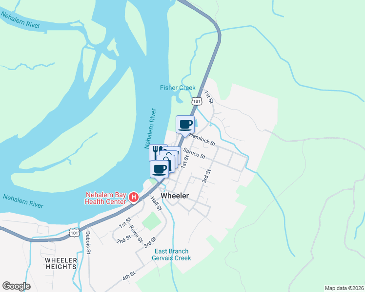 map of restaurants, bars, coffee shops, grocery stores, and more near 175 Nehalem Boulevard in Wheeler