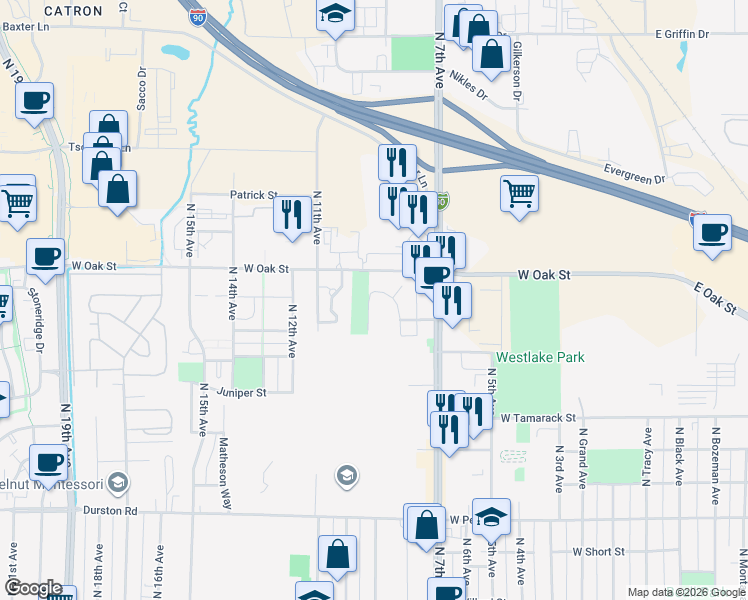map of restaurants, bars, coffee shops, grocery stores, and more near 1120 N 9th Ave in Bozeman