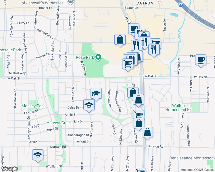 map of restaurants, bars, coffee shops, grocery stores, and more near 1123 Woodland Drive in Bozeman