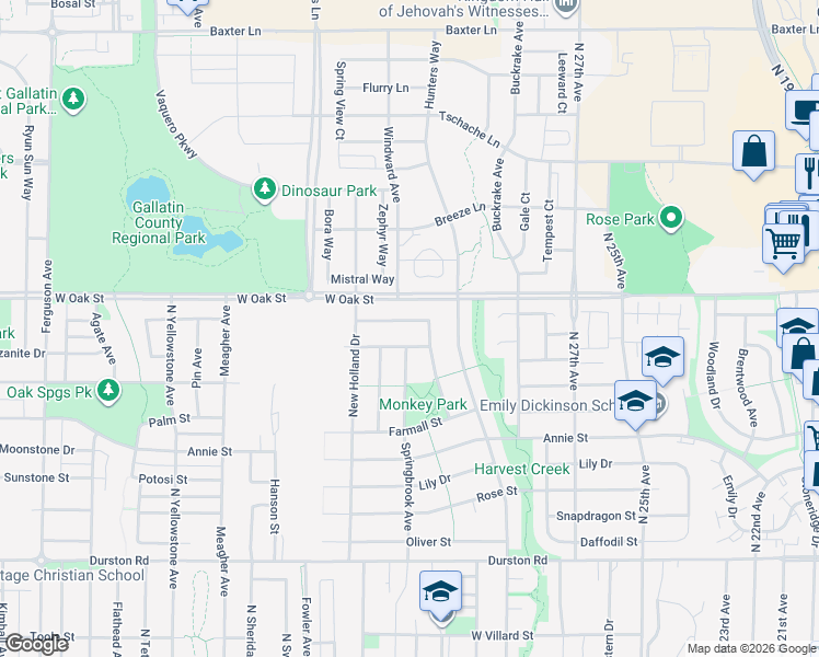 map of restaurants, bars, coffee shops, grocery stores, and more near 1157 Springbrook Avenue in Bozeman