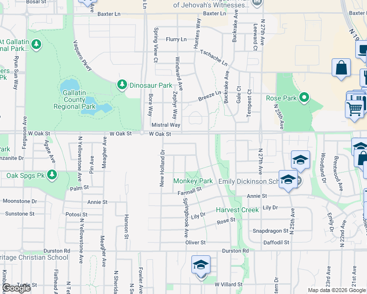 map of restaurants, bars, coffee shops, grocery stores, and more near 1157 Springbrook Avenue in Bozeman