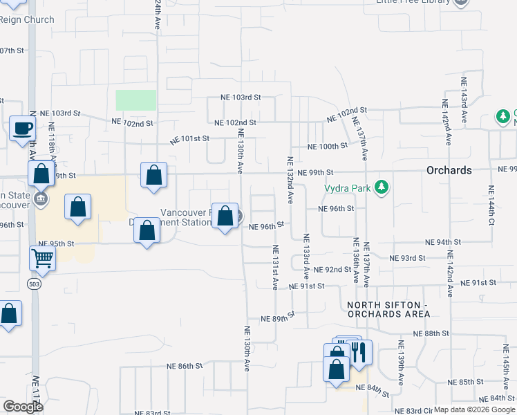map of restaurants, bars, coffee shops, grocery stores, and more near 13020 Northeast 96th Street in Vancouver
