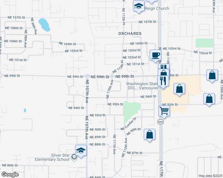 map of restaurants, bars, coffee shops, grocery stores, and more near 11016 Northeast 96th Street in Vancouver