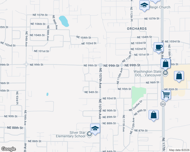 map of restaurants, bars, coffee shops, grocery stores, and more near 9607 Northeast 106th Court in Vancouver