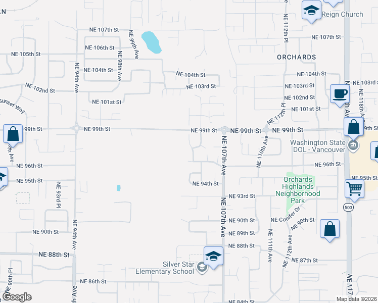 map of restaurants, bars, coffee shops, grocery stores, and more near 10310 Northeast 96th Street in Vancouver