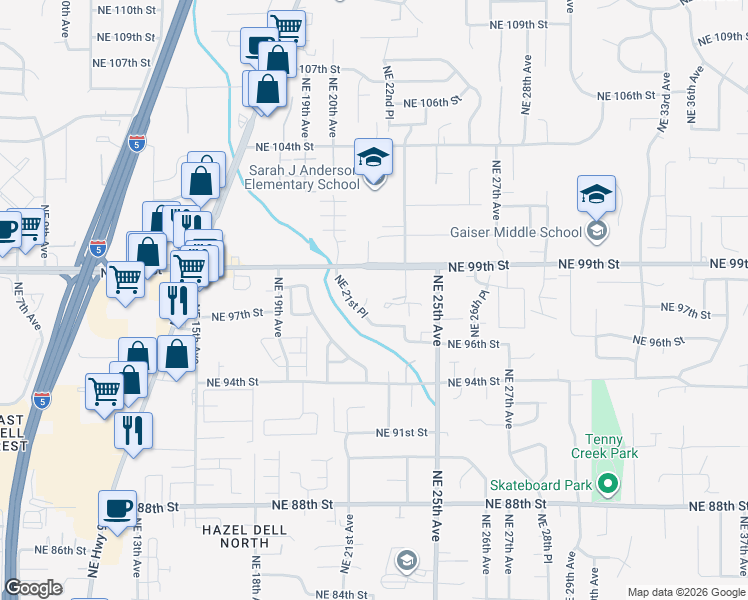 map of restaurants, bars, coffee shops, grocery stores, and more near 9603 Northeast 21st Place in Vancouver