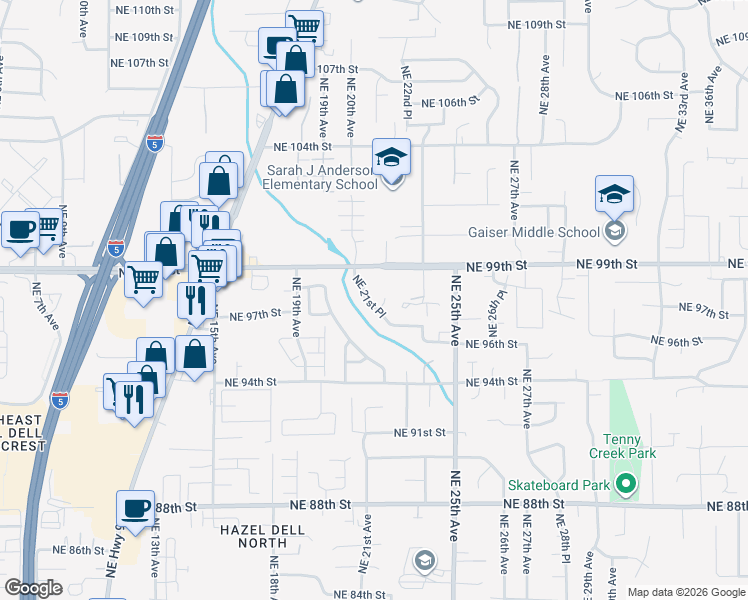 map of restaurants, bars, coffee shops, grocery stores, and more near 9611 Northeast Tenny Creek Drive in Vancouver