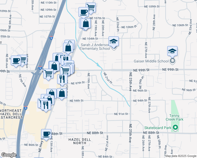 map of restaurants, bars, coffee shops, grocery stores, and more near 1923 Northeast 97th Street in Vancouver